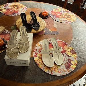 A triple header of 3 open toed Manola Blahnik mules